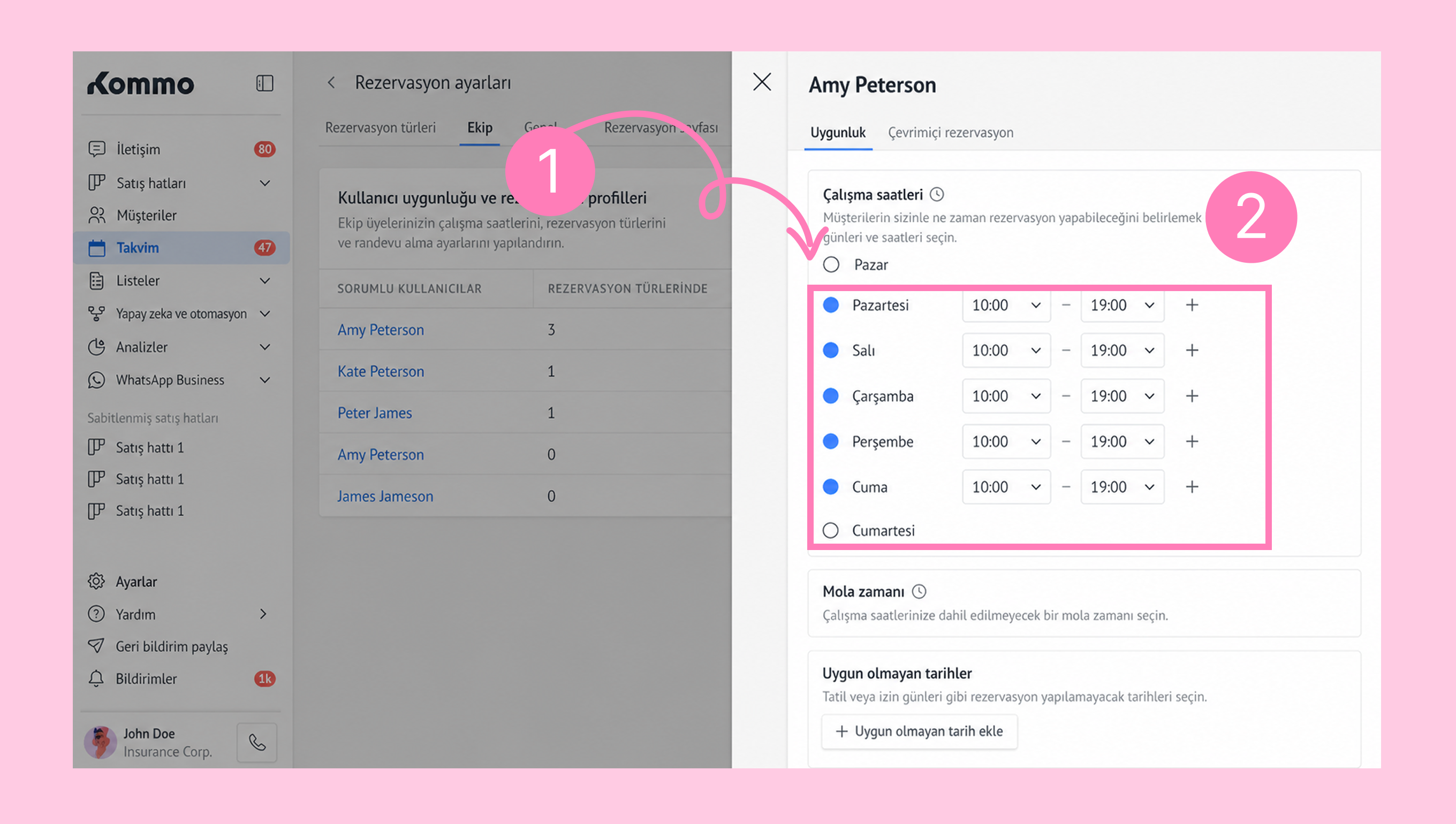User settings for scheduling reservations, highlighting available days and times for appointments.